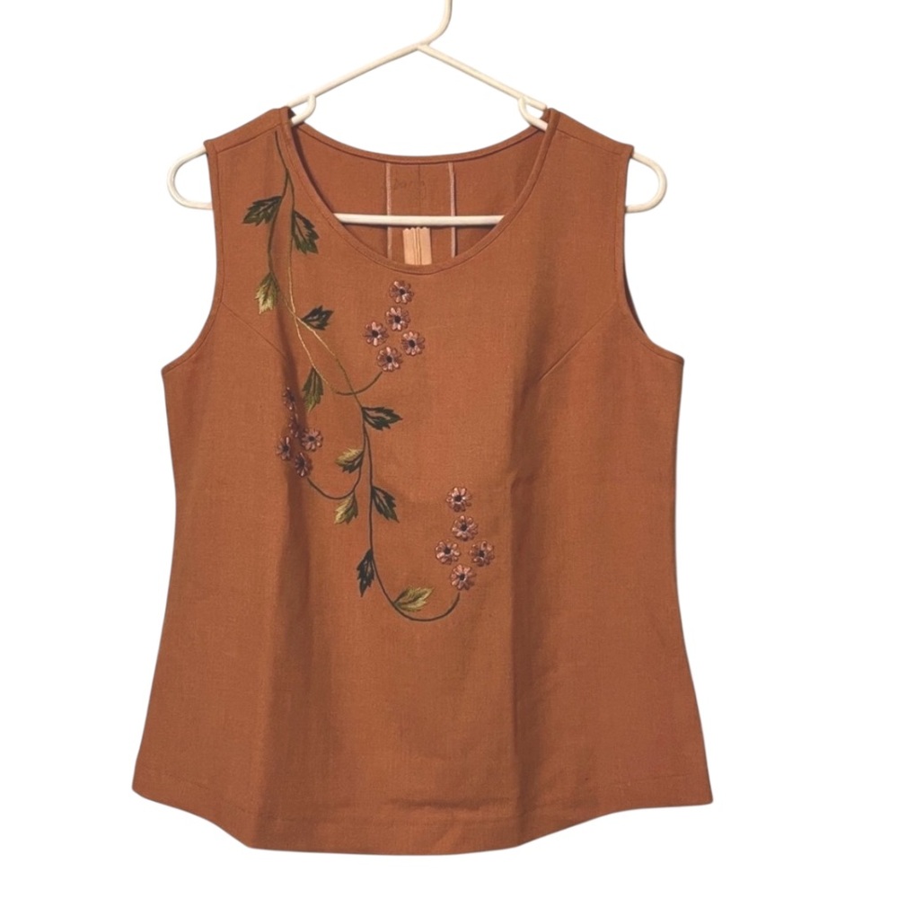 Women’s Embroidered Vintage Pumpkin Orange Neutral Sleeveless Fitted Shell Top